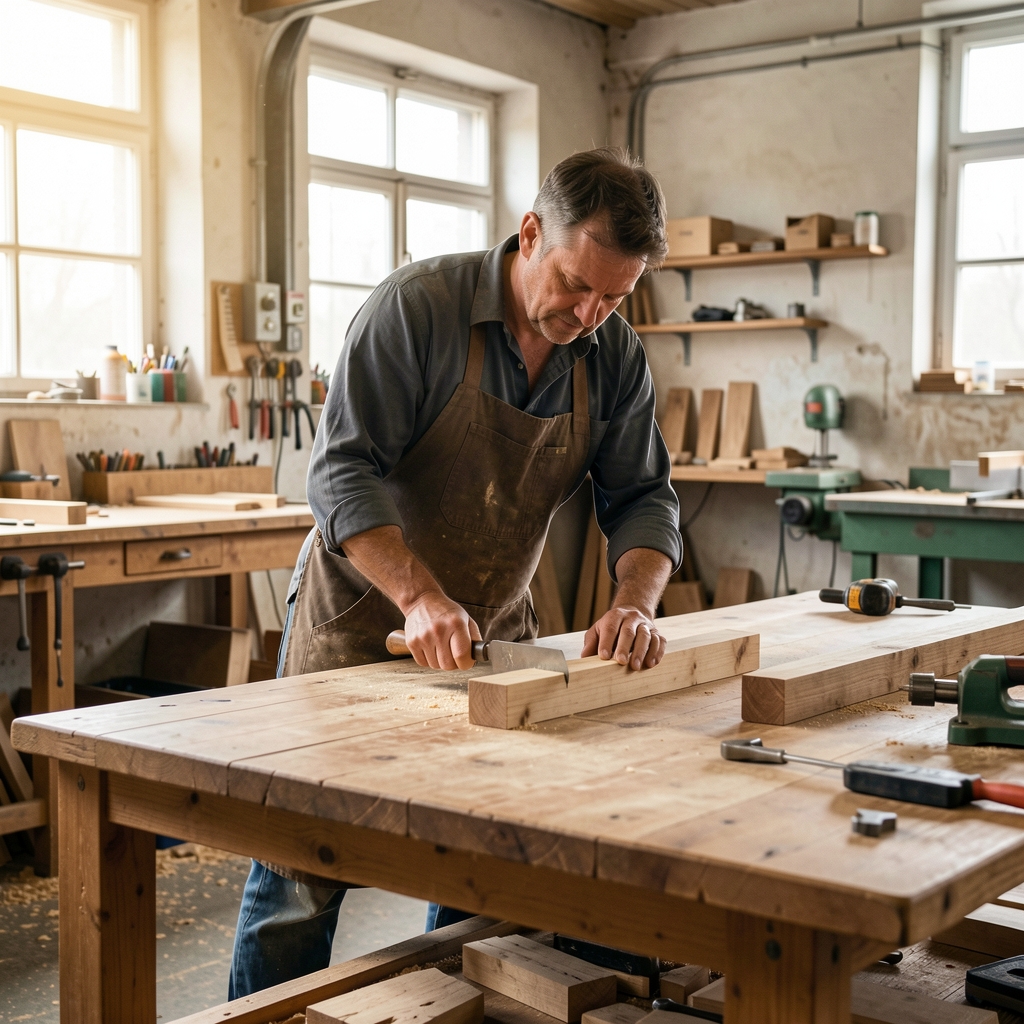 Junge Erwachsene arbeiten in einer deutschen Ausbildungswerkstatt an einem Holztisch