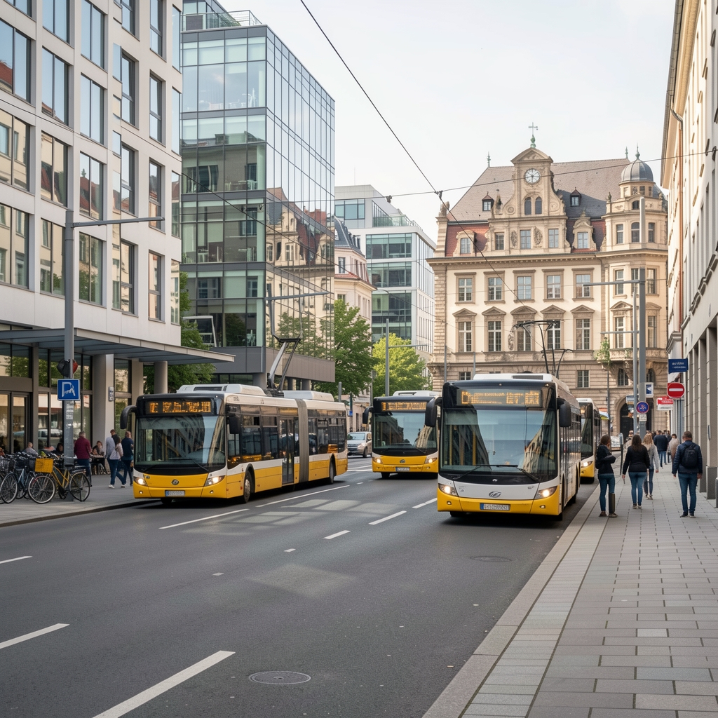 Berliner Straßenansicht mit moderner Arbeitswelt, öffentlichen Verkehrsmitteln und historischen Gebäuden im Hintergrund