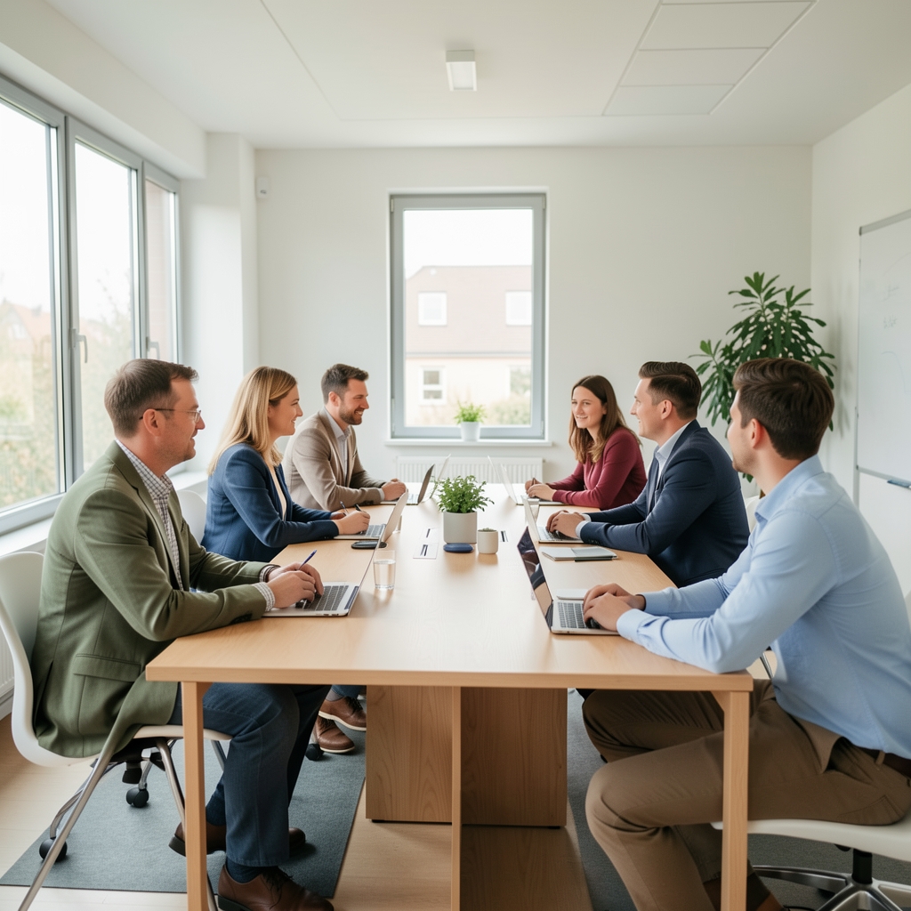 Kleines deutsches Unternehmen mit Mitarbeitenden in einem hellen Besprechungsraum