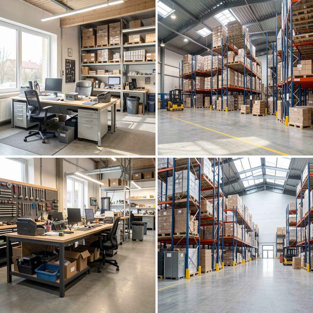 Verschiedene deutsche Arbeitswelten dargestellt durch Büro, Werkstatt und modernes Logistikzentrum