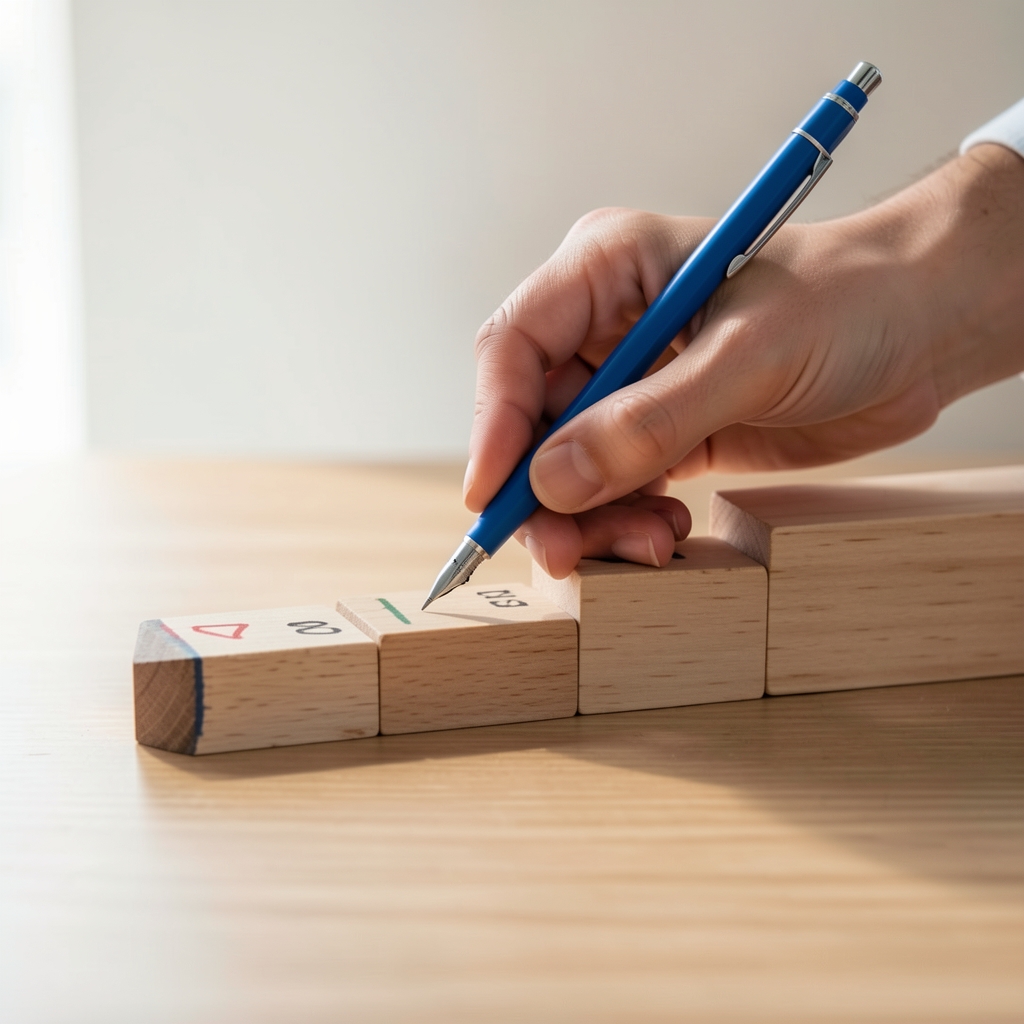 Handgeschriebene Vorbereitungsliste mit markierten Schritten und einem blauen Stift
