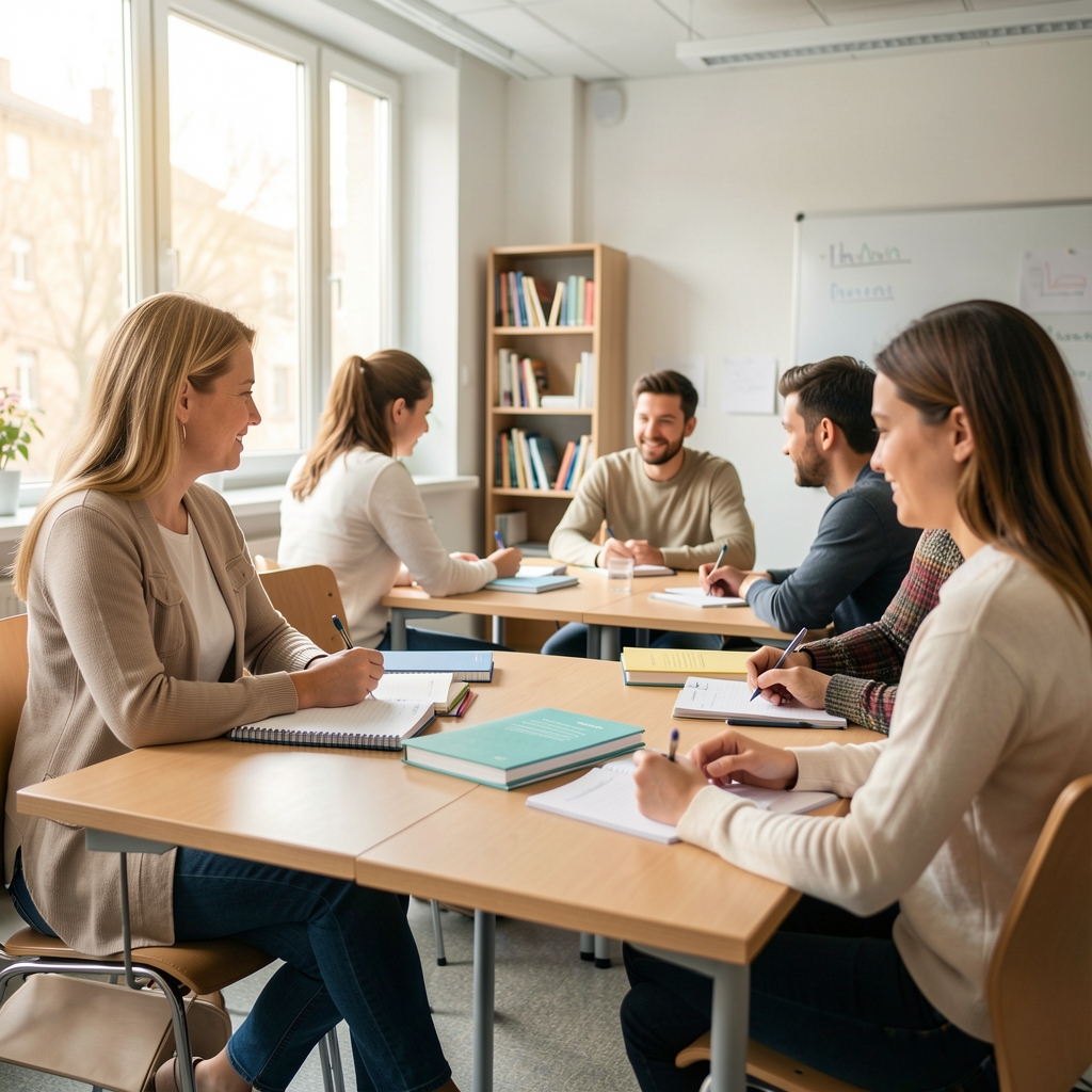Erwachsene Lernende in einem modernen deutschen Sprachkurs mit Notizbüchern und Tageslicht