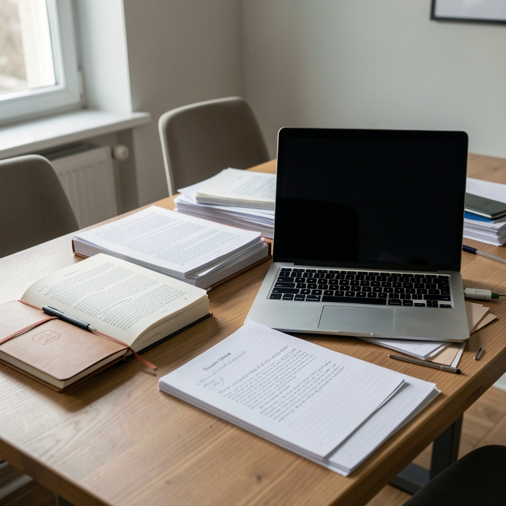 Redaktionsteam mit Laptop und gedruckten Quellen bei der Recherche zu Arbeitsmarktinformationen