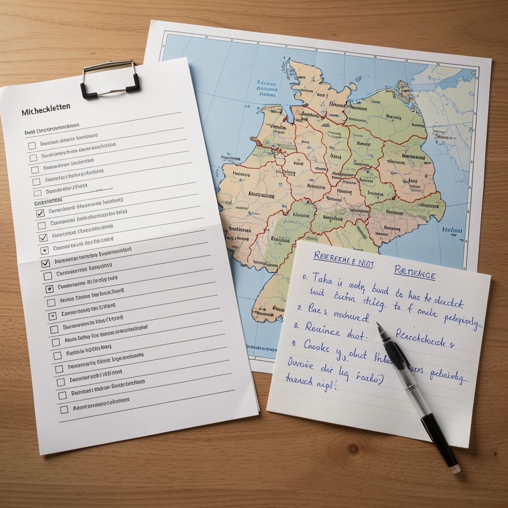 Offener Ordner mit Checklisten, Stadtplan von Deutschland und handschriftlichen Recherche-Notizen