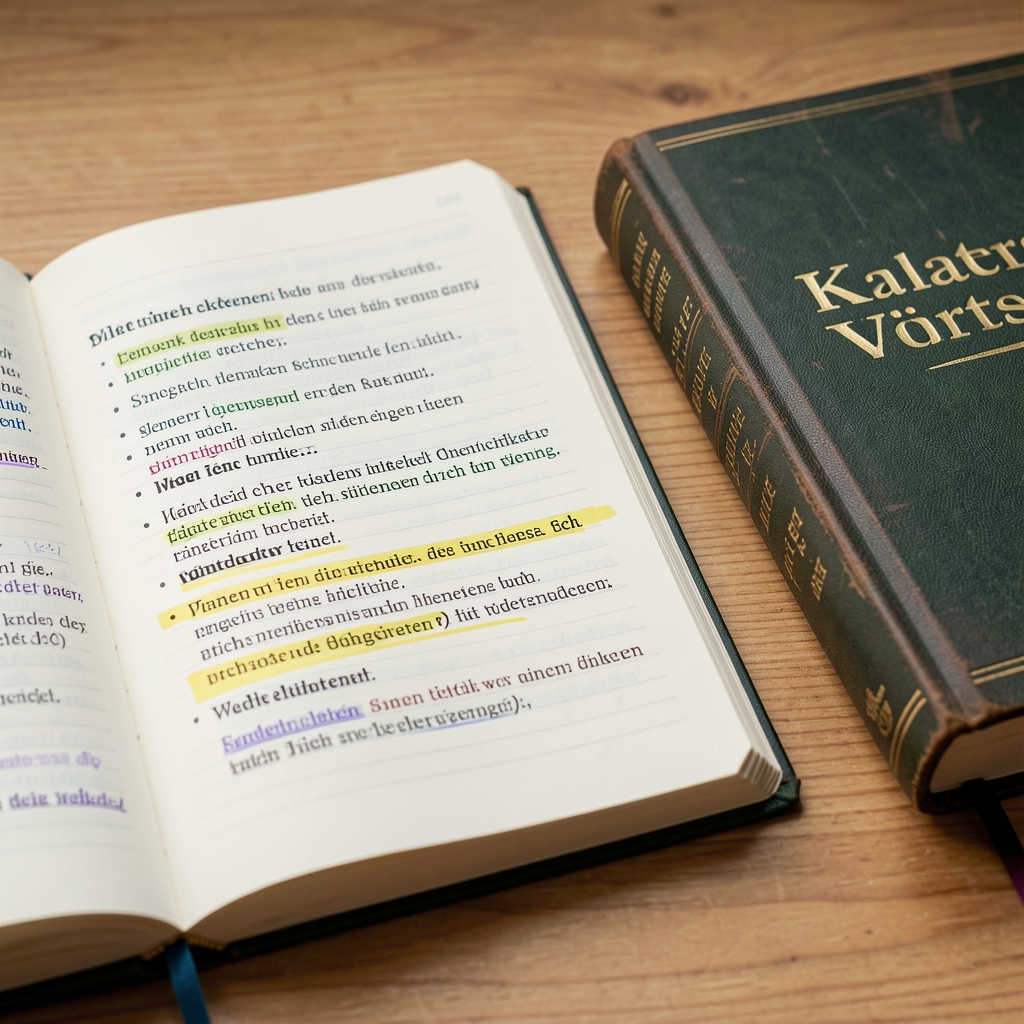 Notizbuch mit deutschen Fachbegriffen und markierten Beispielsätzen neben einem Wörterbuch
