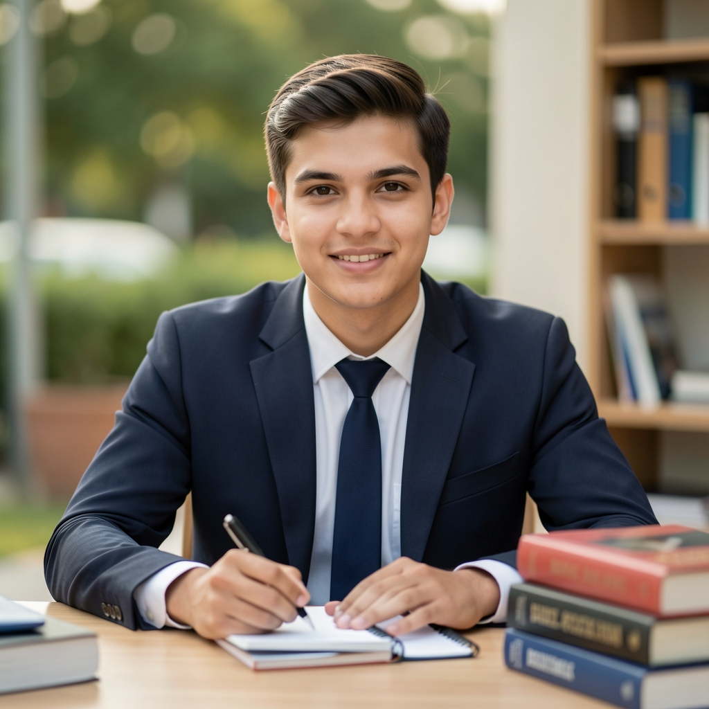 Porträt eines jungen Redakteurs mit Notizblock an einem Schreibtisch mit Fachliteratur