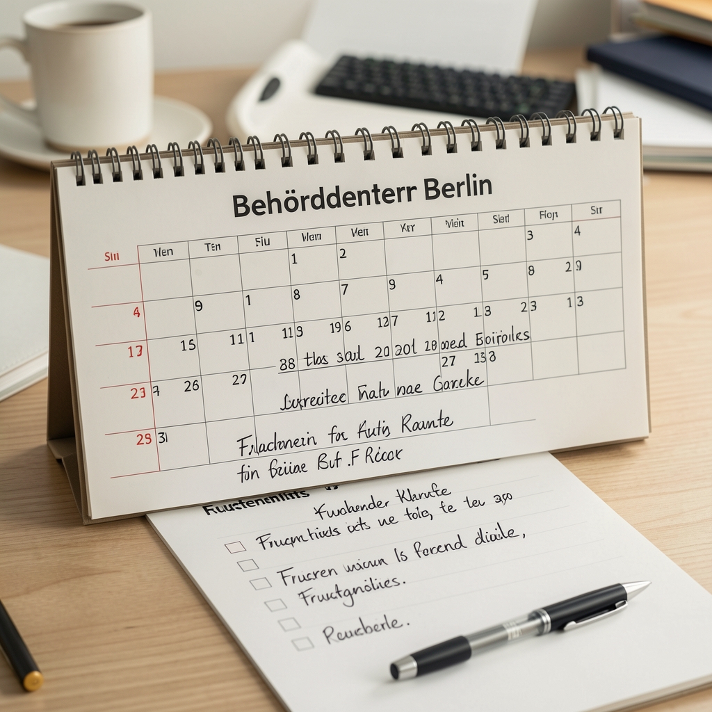 Vorbereitete Mappe für einen Behördentermin in Berlin mit Kalender und handschriftlicher Fragenliste