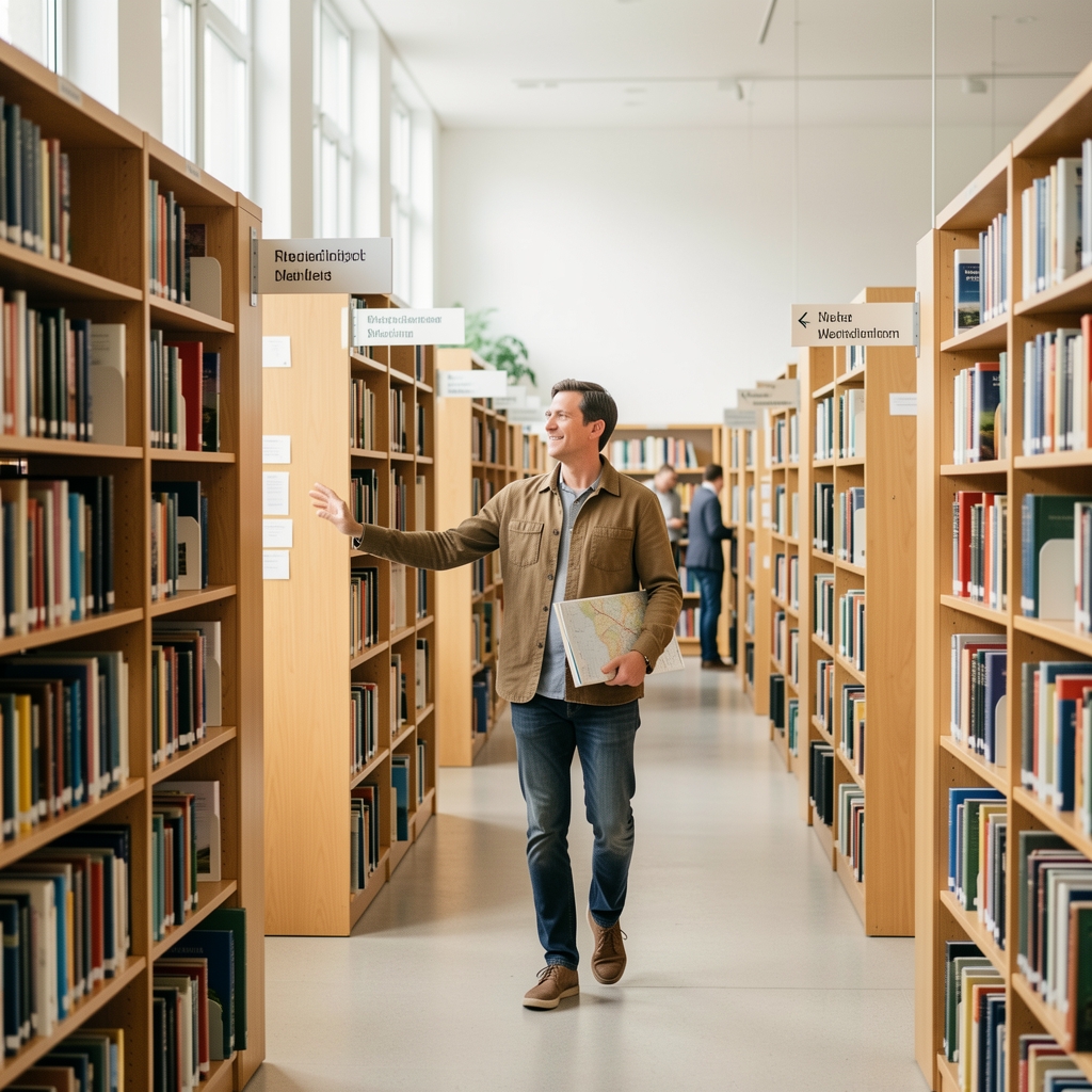Person mit Mappe geht durch eine helle öffentliche Bibliothek in Deutschland und orientiert sich an Wegweisern